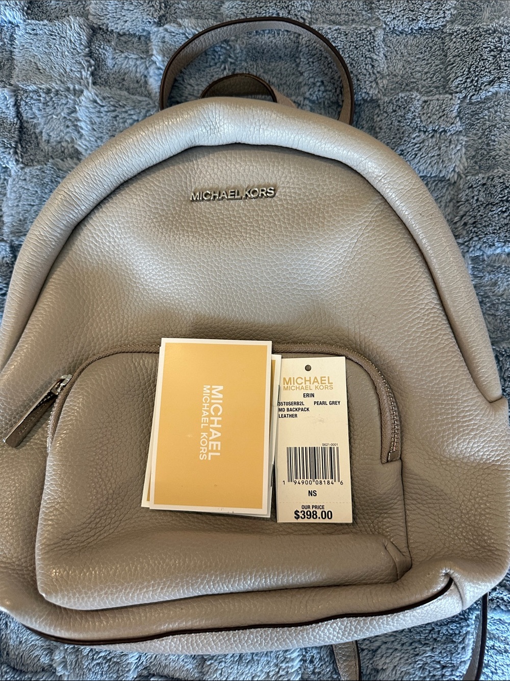 Michael Kors Pearl Grey Pebbled Leather Backpack “Erin”